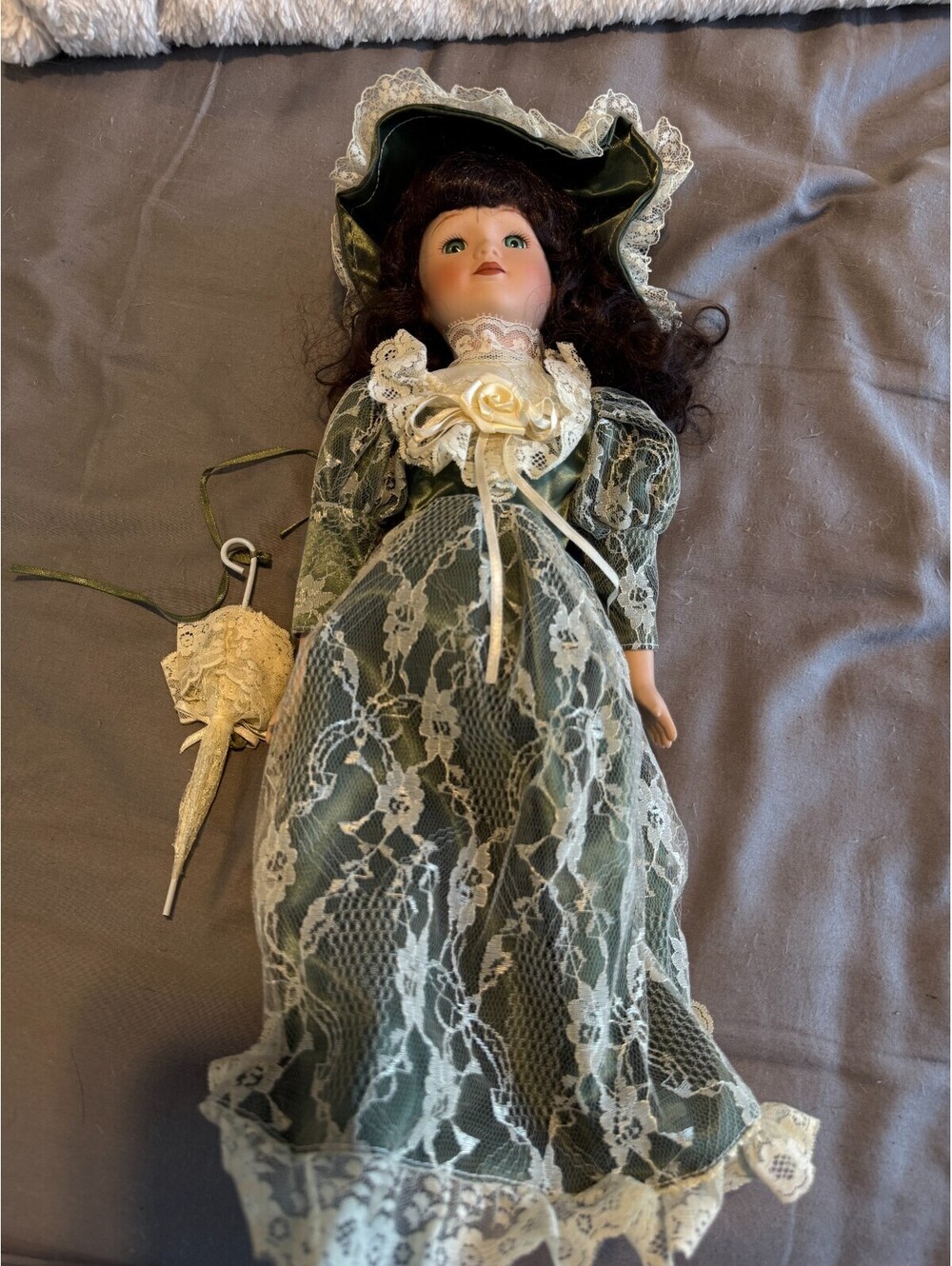 Vintage Porcelain Doll Victorian Lady Green Satin Lace Gown Hat Parasol Brunette